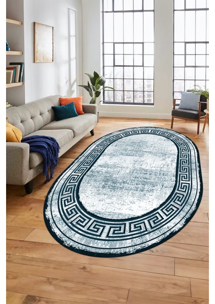 Yeni Tasarım Çerçeve Desenli Modern Yıkanabilir Mutfak Oval Salon Halısı, O-Çerçeveli-09-Turkuaz, fırsatları
