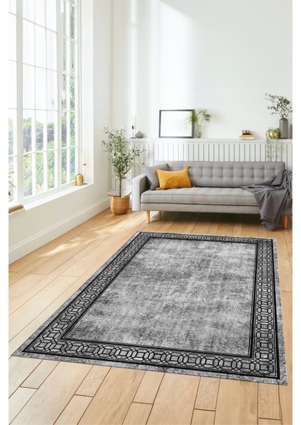 Çerçeveli Zincir Desenli Yıkanabilir Kaymaz Yolluk Mutfak Salon Halısı, Çerçeveli-31-Gri,