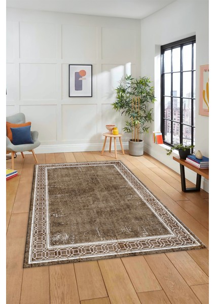 Çerçeveli Zincir Desenli Yıkanabilir Kaymaz Yolluk Mutfak Salon Halısı, Çerçeveli-31-Kahve, indirimleri