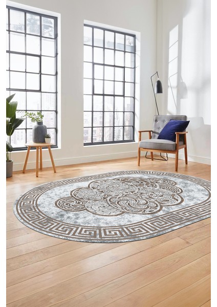 Dijital Kaymaz Yıkanabilir Modern Çerçeveli Oval Mutfak Salon Halısı, O-Çerçeveli-04-Kahve,
