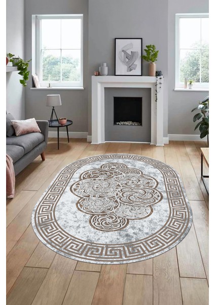 Dijital Kaymaz Yıkanabilir Modern Çerçeveli Oval Mutfak Salon Halısı, O-Çerçeveli-04-Kahve,