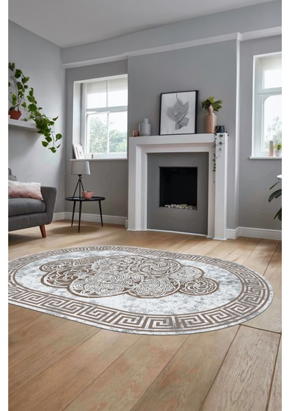 Dijital Kaymaz Yıkanabilir Modern Çerçeveli Oval Mutfak Salon Halısı, O-Çerçeveli-04-Kahve,