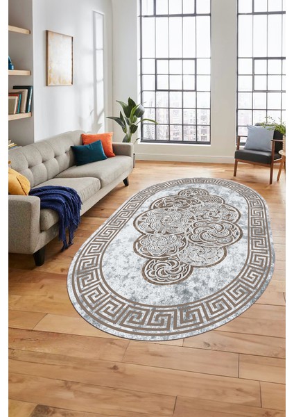 Dijital Kaymaz Yıkanabilir Modern Çerçeveli Oval Mutfak Salon Halısı, O-Çerçeveli-04-Kahve,