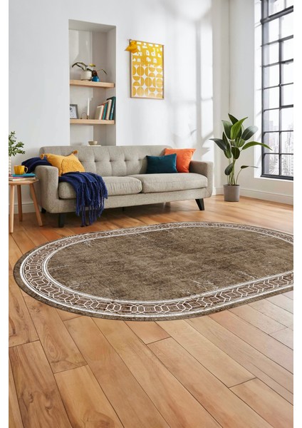 Çerçeveli Zincir Desen Yıkanabilir Kaymaz Yolluk Mutfak Oval Salon Halısı, O-Çerçeveli-31-Kahve, fiyatları