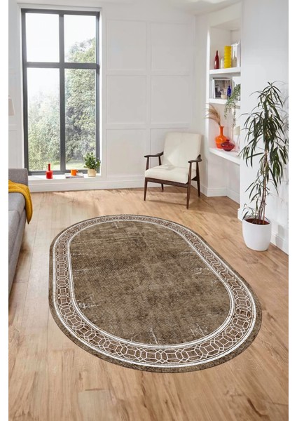 Çerçeveli Zincir Desen Yıkanabilir Kaymaz Yolluk Mutfak Oval Salon Halısı, O-Çerçeveli-31-Kahve, modelleri