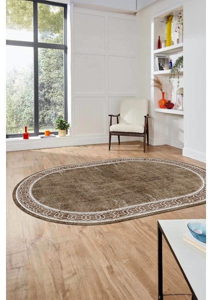 Çerçeveli Zincir Desen Yıkanabilir Kaymaz Yolluk Mutfak Oval Salon Halısı, O-Çerçeveli-31-Kahve, fırsatları