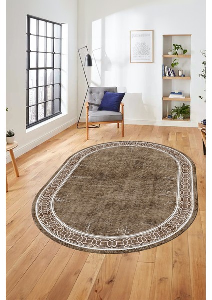 Çerçeveli Zincir Desen Yıkanabilir Kaymaz Yolluk Mutfak Oval Salon Halısı, O-Çerçeveli-31-Kahve, indirimleri