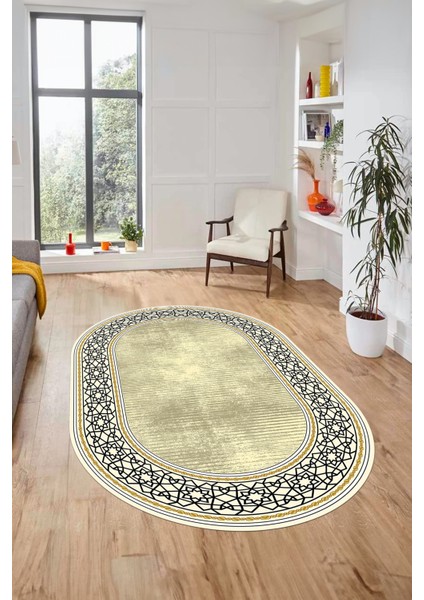 Dijital Kaymaz Yıkanabilir Çerçeveli Yolluk Mutfak Oval Salon Halısı, O-Çerçeveli-35-Krem, fiyatları