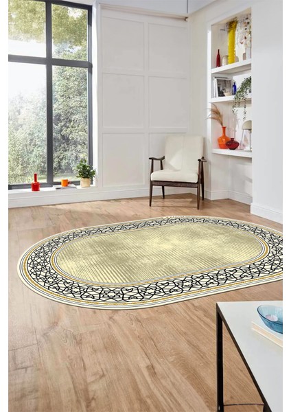 Dijital Kaymaz Yıkanabilir Çerçeveli Yolluk Mutfak Oval Salon Halısı, O-Çerçeveli-35-Krem, modelleri