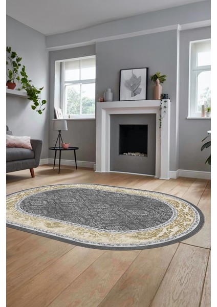 Şık Çerçeve Desenli Modern Yıkanabilir Yolluk Mutfak Oval Salon Halısı, O-Çerçeveli-21-Gold,