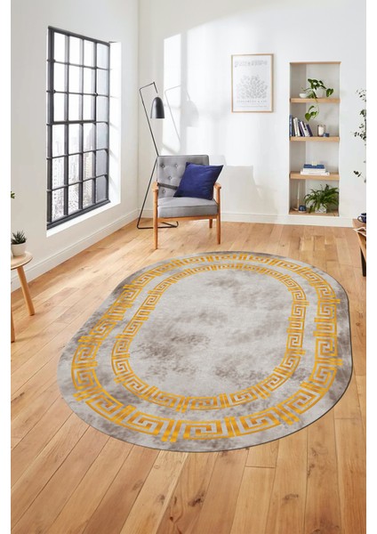 Dijital Kaymaz Taban Yıkanabilir Çerçeveli Oval Mutfak Salon Halısı, O-Çerçeveli-05-Gold,
