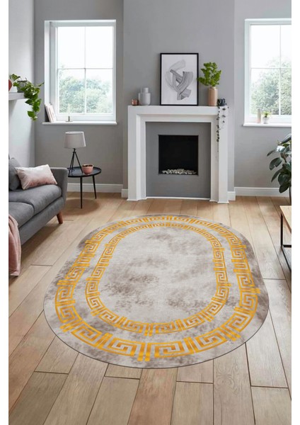 Dijital Kaymaz Taban Yıkanabilir Çerçeveli Oval Mutfak Salon Halısı, O-Çerçeveli-05-Gold, modelleri