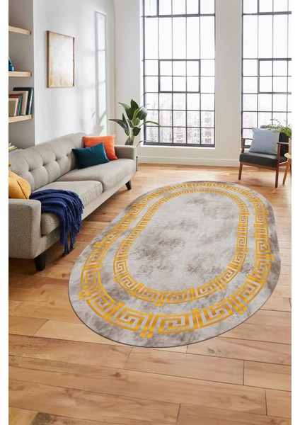 Dijital Kaymaz Taban Yıkanabilir Çerçeveli Oval Mutfak Salon Halısı, O-Çerçeveli-05-Gold, indirimleri