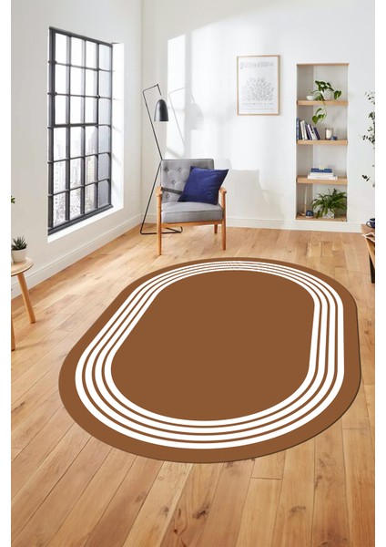 Dijital Kaymaz Taban Yıkanabilir Klasik Çerçeveli Oval Mutfak Salon Halısı, O-Çerçeveli-07-Kahve,