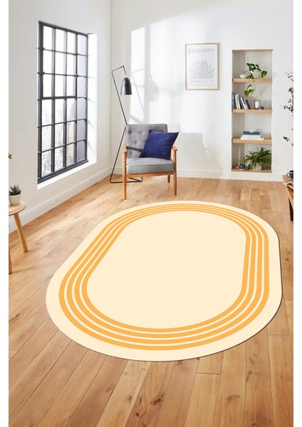 Dijital Kaymaz Taban Yıkanabilir Klasik Çerçeveli Oval Mutfak Salon Halısı, O-Çerçeveli-07-Krem,