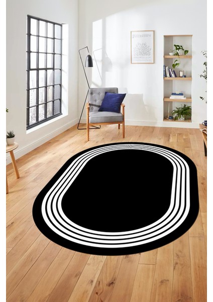 Dijital Kaymaz Taban Yıkanabilir Klasik Çerçeveli Oval Mutfak Salon Halısı, O-Çerçeveli-07-Siyah,