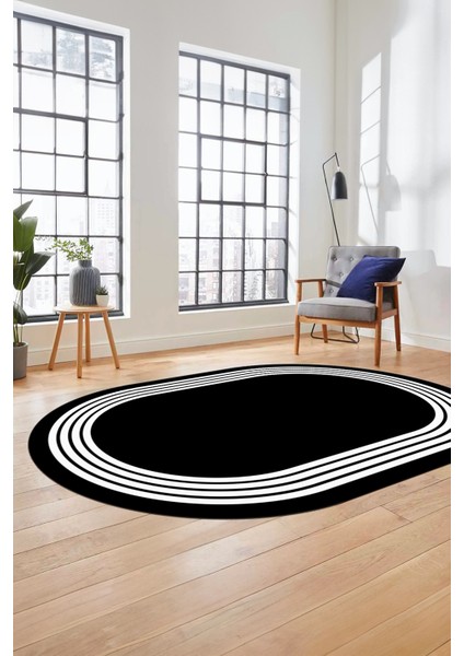 Dijital Kaymaz Taban Yıkanabilir Klasik Çerçeveli Oval Mutfak Salon Halısı, O-Çerçeveli-07-Siyah, fiyatları