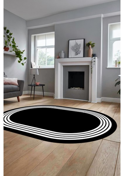 Dijital Kaymaz Taban Yıkanabilir Klasik Çerçeveli Oval Mutfak Salon Halısı, O-Çerçeveli-07-Siyah, fırsatları