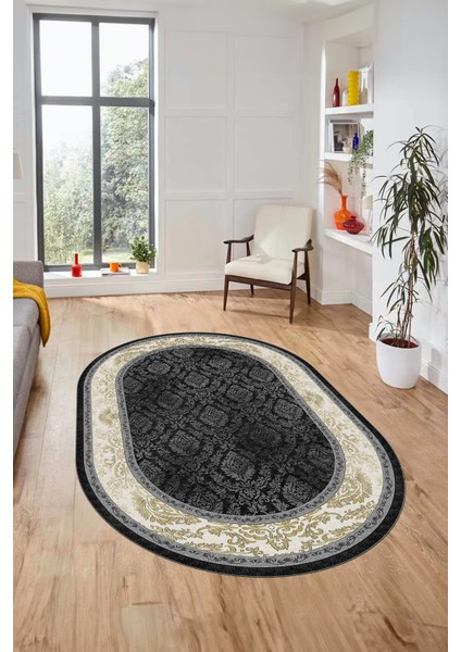 Şık Çerçeve Desenli Modern Yıkanabilir Yolluk Mutfak Oval Salon Halısı, O-Çerçeveli-21-Antrasit, fırsatları