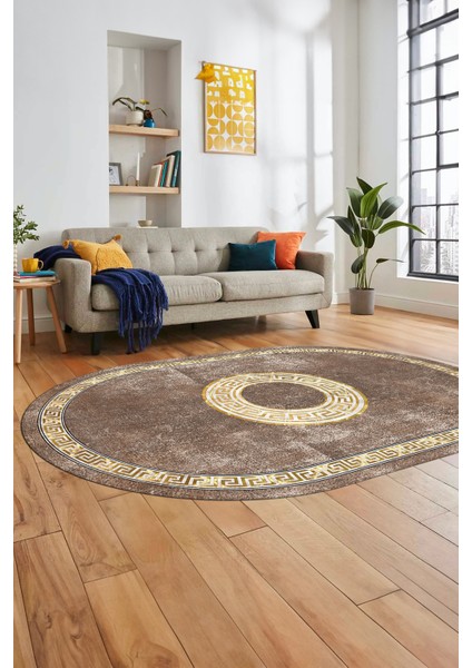 Sade Tasarım Çerçeve Desenli Modern Yıkanabilir Mutfak Oval Salon Halısı, O-Çerçeveli-12-Kahve, indirimleri