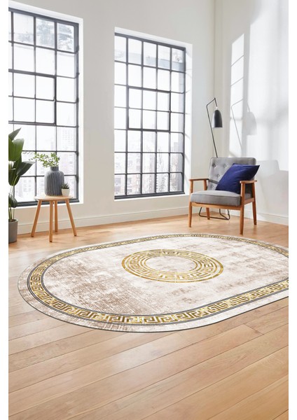Sade Tasarım Çerçeve Desenli Modern Yıkanabilir Mutfak Oval Salon Halısı, O-Çerçeveli-12-Krem,