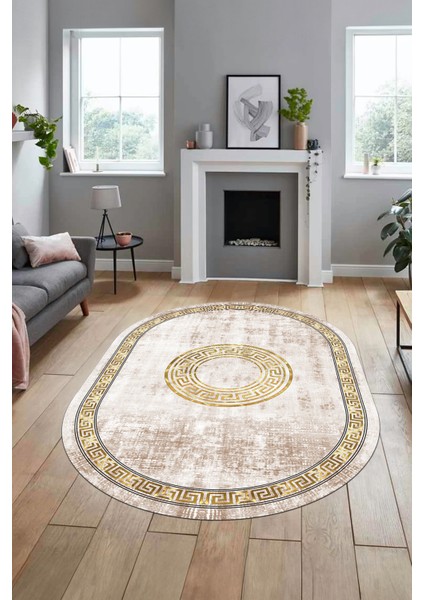 Sade Tasarım Çerçeve Desenli Modern Yıkanabilir Mutfak Oval Salon Halısı, O-Çerçeveli-12-Krem,