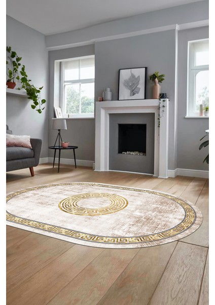 Sade Tasarım Çerçeve Desenli Modern Yıkanabilir Mutfak Oval Salon Halısı, O-Çerçeveli-12-Krem,