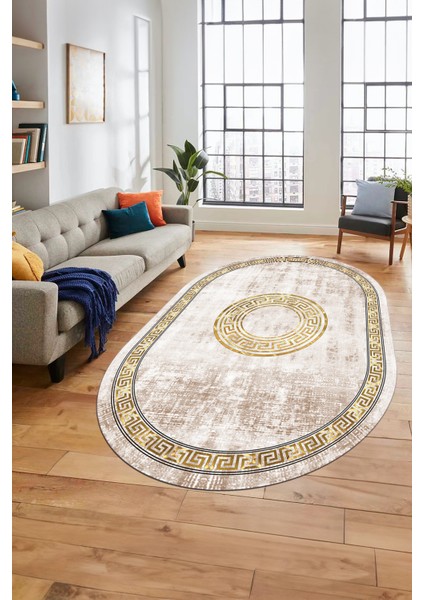 Sade Tasarım Çerçeve Desenli Modern Yıkanabilir Mutfak Oval Salon Halısı, O-Çerçeveli-12-Krem,