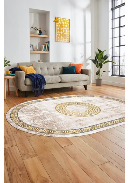 Sade Tasarım Çerçeve Desenli Modern Yıkanabilir Mutfak Oval Salon Halısı, O-Çerçeveli-12-Krem,