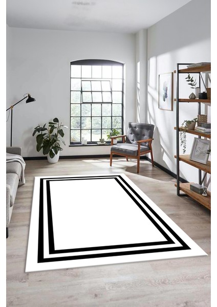 Sade Düz Renk Çerçeveli Yıkanabilir Modern Yolluk Mutfak Salon Halısı, Çerçeveli-38-Beyaz,