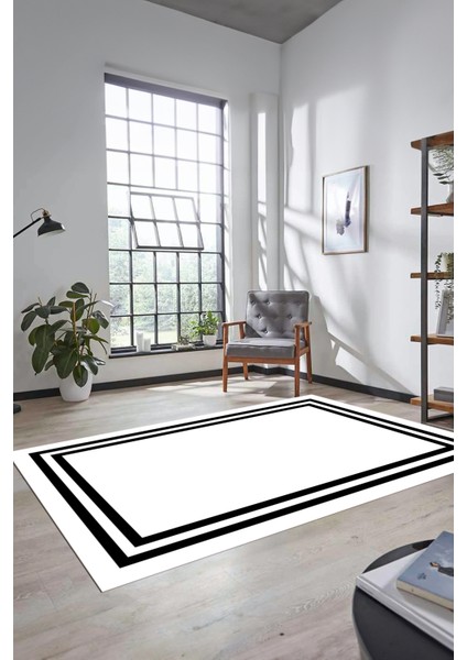 Sade Düz Renk Çerçeveli Yıkanabilir Modern Yolluk Mutfak Salon Halısı, Çerçeveli-38-Beyaz,