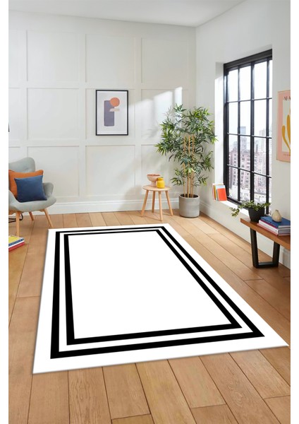 Sade Düz Renk Çerçeveli Yıkanabilir Modern Yolluk Mutfak Salon Halısı, Çerçeveli-38-Beyaz,