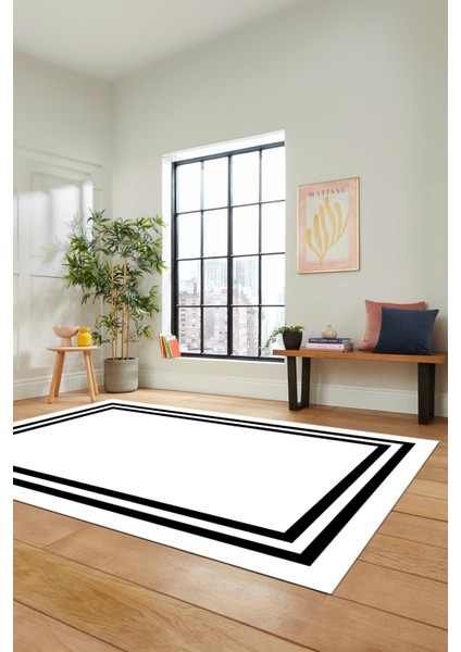 Sade Düz Renk Çerçeveli Yıkanabilir Modern Yolluk Mutfak Salon Halısı, Çerçeveli-38-Beyaz,