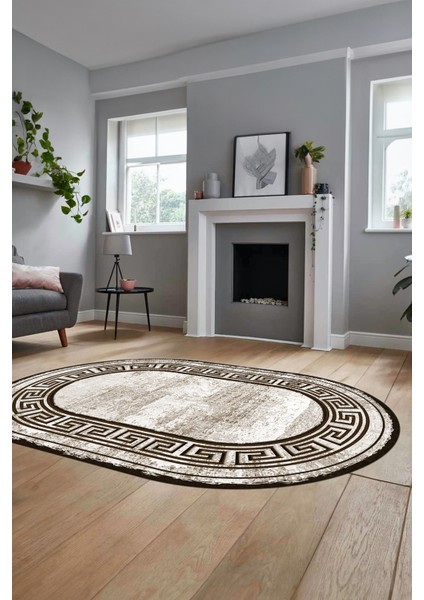 Yeni Tasarım Çerçeve Desenli Modern Yıkanabilir Mutfak Oval Salon Halısı, O-Çerçeveli-09-Kahve, modelleri