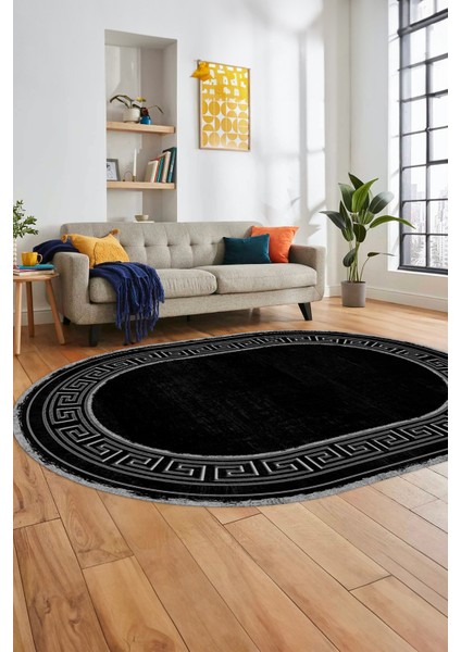 Yeni Tasarım Çerçeve Desenli Modern Yıkanabilir Mutfak Oval Salon Halısı, O-Çerçeveli-09-Siyah,