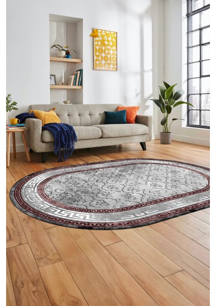 Şık Tasarım Çerçeve Desenli Modern Yıkanabilir Mutfak Oval Salon Halısı, O-Çerçeveli-10-Bordo, indirimleri