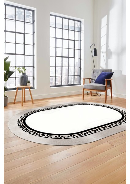 Klasik Tasarım Çerçeve Desenli Modern Yıkanabilir Mutfak Oval Salon Halısı, O-Çerçeveli-11-Krem,