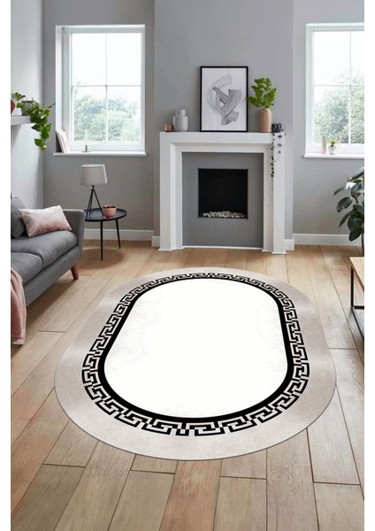 Klasik Tasarım Çerçeve Desenli Modern Yıkanabilir Mutfak Oval Salon Halısı, O-Çerçeveli-11-Krem, fiyatları