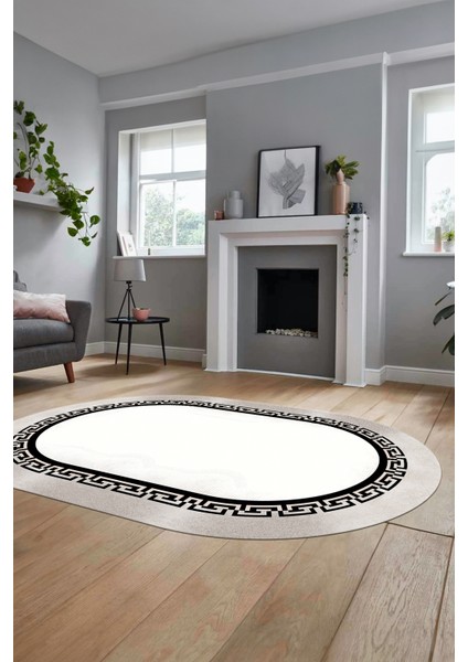 Klasik Tasarım Çerçeve Desenli Modern Yıkanabilir Mutfak Oval Salon Halısı, O-Çerçeveli-11-Krem, modelleri
