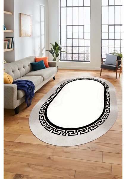 Klasik Tasarım Çerçeve Desenli Modern Yıkanabilir Mutfak Oval Salon Halısı, O-Çerçeveli-11-Krem, fırsatları