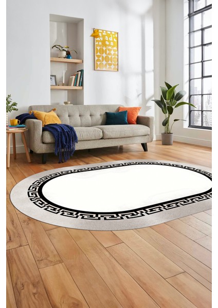 Klasik Tasarım Çerçeve Desenli Modern Yıkanabilir Mutfak Oval Salon Halısı, O-Çerçeveli-11-Krem, indirimleri