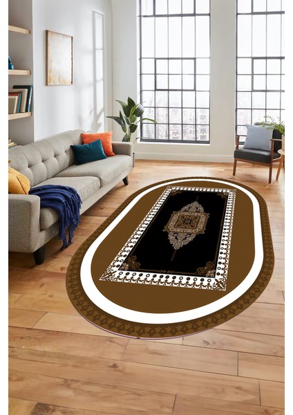 Klasik Çerçeve Desen Yıkanabilir Kaymaz Yolluk Mutfak Oval Salon Halısı, O-Çerçeveli-23-Kahve,
