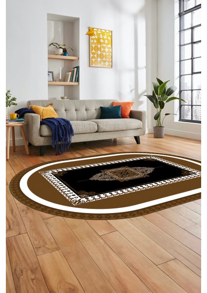 Klasik Çerçeve Desen Yıkanabilir Kaymaz Yolluk Mutfak Oval Salon Halısı, O-Çerçeveli-23-Kahve,