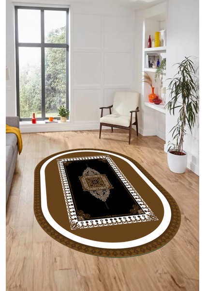 Klasik Çerçeve Desen Yıkanabilir Kaymaz Yolluk Mutfak Oval Salon Halısı, O-Çerçeveli-23-Kahve,