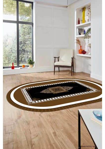 Klasik Çerçeve Desen Yıkanabilir Kaymaz Yolluk Mutfak Oval Salon Halısı, O-Çerçeveli-23-Kahve,