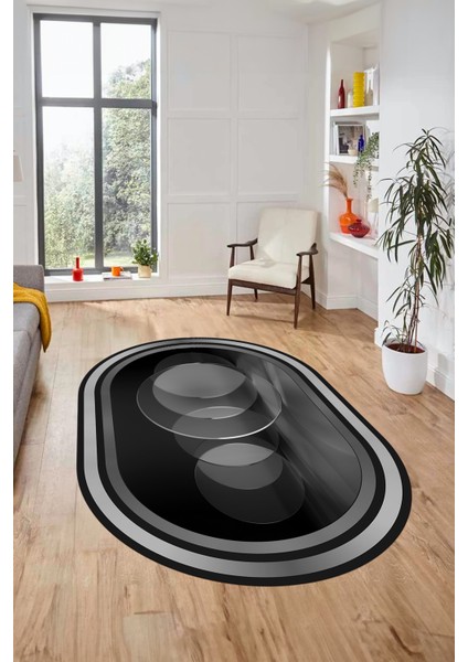 Modern Çerçeve Desen Yıkanabilir Kaymaz Yolluk Mutfak Oval Salon Halısı, O-Çerçeveli-24-Antrasit,