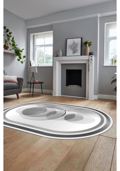 Modern Çerçeve Desen Yıkanabilir Kaymaz Yolluk Mutfak Oval Salon Halısı, O-Çerçeveli-24-Gri,