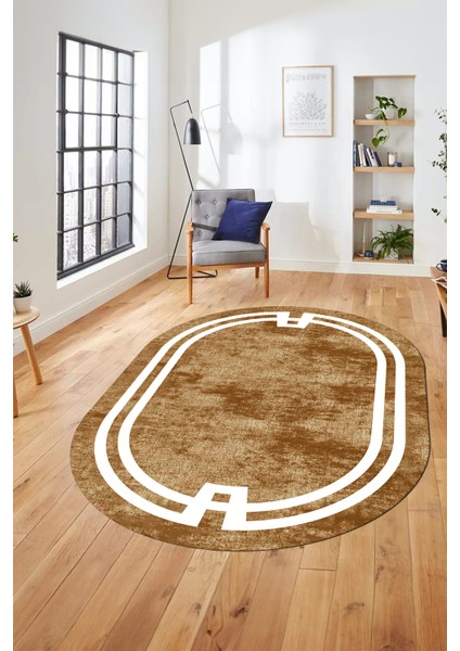 Çerçeveli Sade Desen Yıkanabilir Kaymaz Yolluk Mutfak Oval Salon Halısı, O-Çerçeveli-33-Kahve, fırsatları