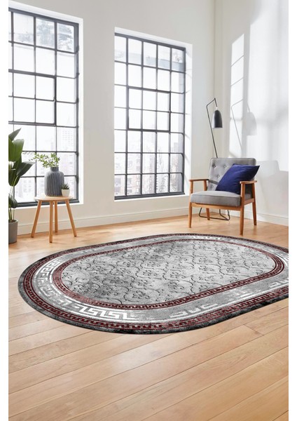Şık Tasarım Çerçeve Desenli Modern Yıkanabilir Mutfak Oval Salon Halısı, O-Çerçeveli-10-Bordo,