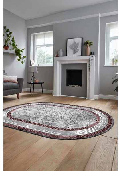 Şık Tasarım Çerçeve Desenli Modern Yıkanabilir Mutfak Oval Salon Halısı, O-Çerçeveli-10-Bordo, modelleri